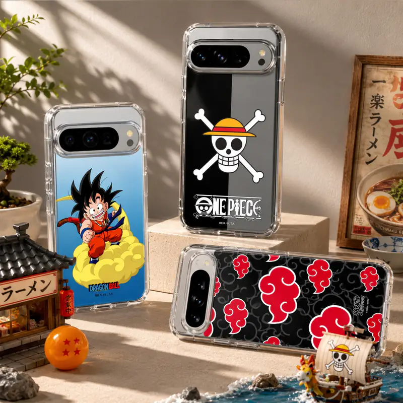 One Piece, Dragon Ball and Naruto Akatsuki phone cases in a ramen-shop scene
