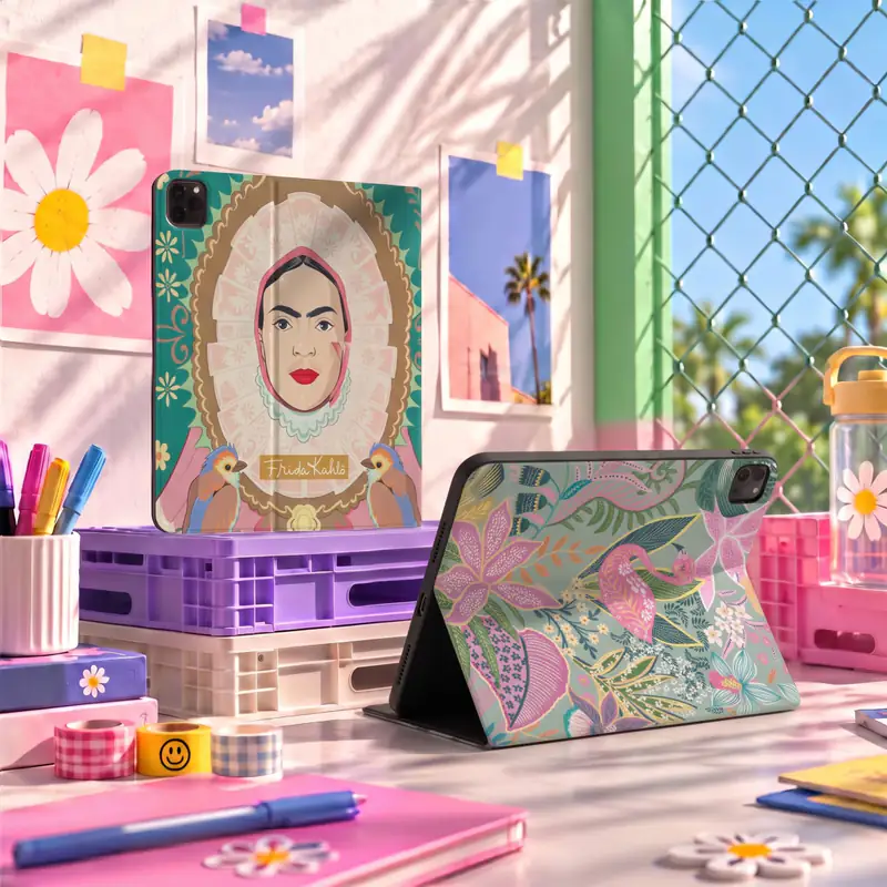 Frida Kahlo tablet folios on a bright desk with flowers and pens