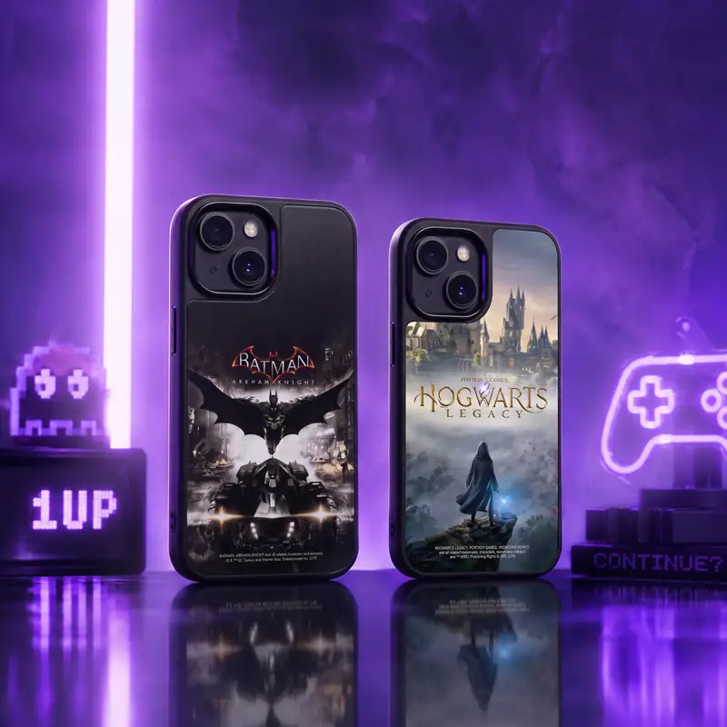 Batman Arkham Knight and Hogwarts Legacy phone cases under purple neon