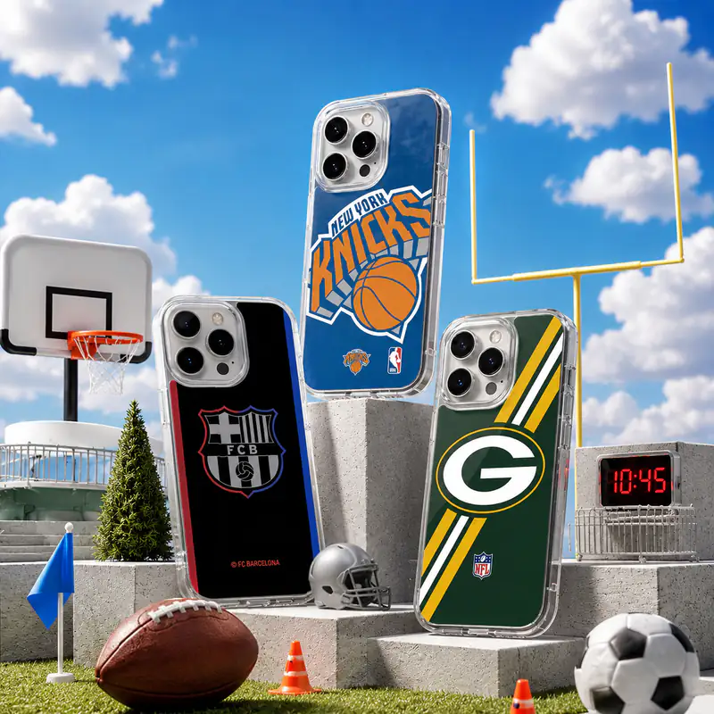 FC Barcelona, New York Knicks and Green Bay Packers phone cases on a sunny sports set