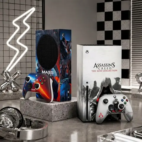 A Mass Effect Xbox Series S wrap and an Assassin's Creed Ezio Collection Xbox Series X wrap, each with a matching controller
